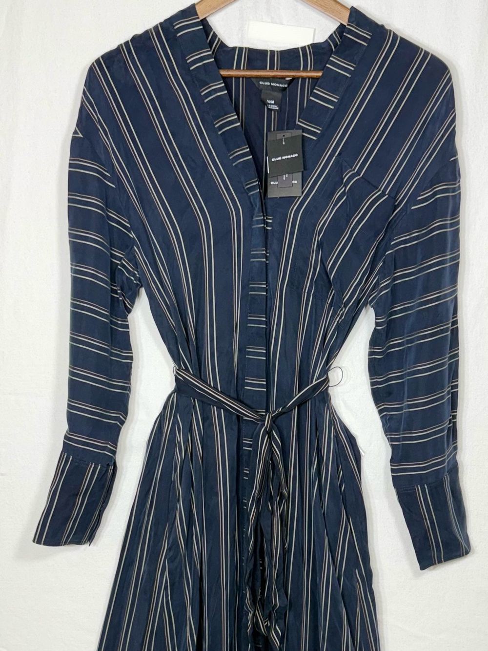 Club Monaco Stripe Tie Waist Robe Dress Navy Blue Gold Size M NWT